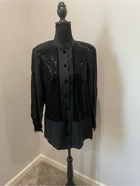 Jessica Lauren Black Sequin-Panel Button Down Shirt - Women's